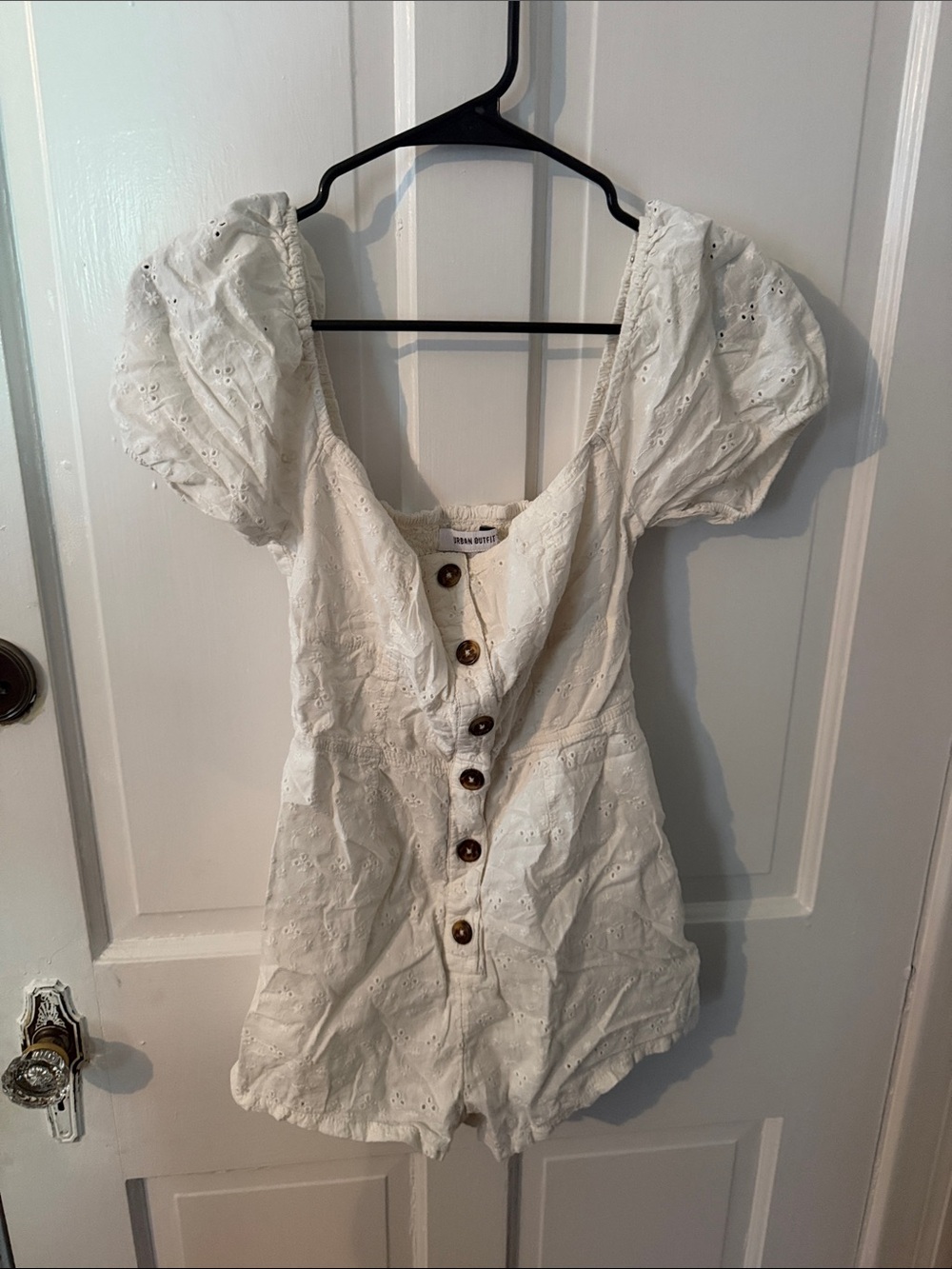 White Urban Outfitters Eyelet Puff-Sleeve Button Romper